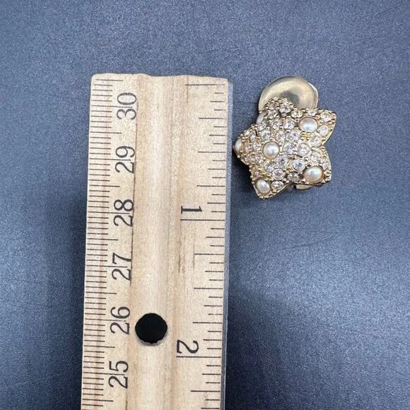 Vintage Christian Dior Star Clip On Earrings Gold Tone Faux Pearl Crystal - Picture 7 of 7